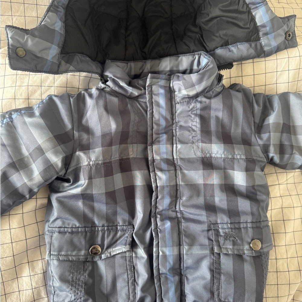 Burberry Plaid Kids Puffer Jacket in Gray and Blue